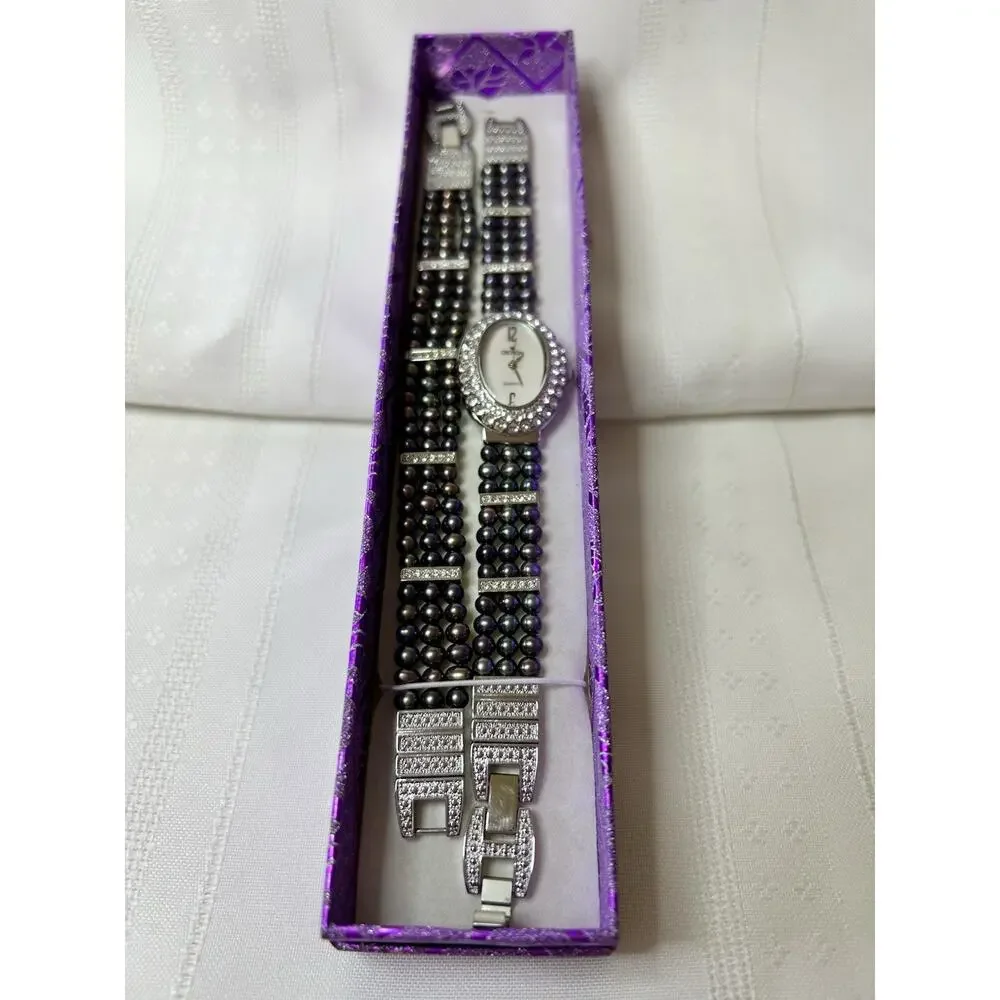 Croton Women's Mother of Pearl Watch & Bracelet Set Crystal Halo Tahitian Pearl